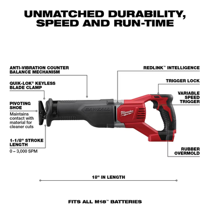 Milwaukee 2621-20 M18 18V Lithium-Ion Cordless SAWZALL Reciprocating Saw (Tool-Only)