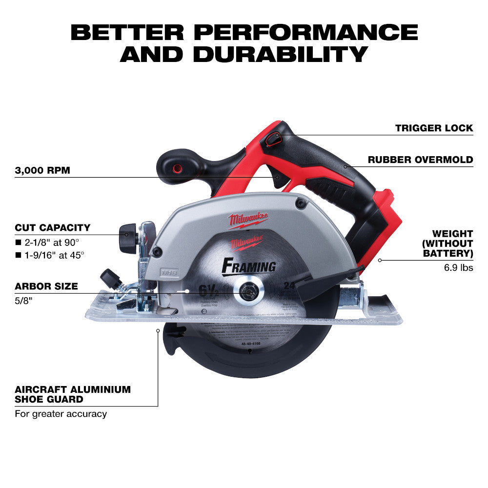 Milwaukee 2696-26 M18 6-Tool Cordless 4-1/2in Cut-Off/Grinder / 1/2in Hammer Drill/Driver / 1/4in Impact Driver / 6-1/2in Circular Saw / Reciprocating Saw / Work Light Combo Kit