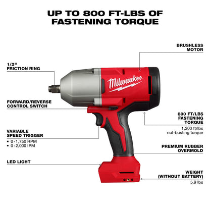 Milwaukee 2666-20 M18 Cordless Brushless 1/2in High-Torque Impact Wrench with Friction Ring (Tool Only)