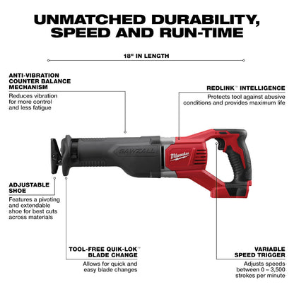 Milwaukee 2696-26 M18 6-Tool Cordless 4-1/2in Cut-Off/Grinder / 1/2in Hammer Drill/Driver / 1/4in Impact Driver / 6-1/2in Circular Saw / Reciprocating Saw / Work Light Combo Kit