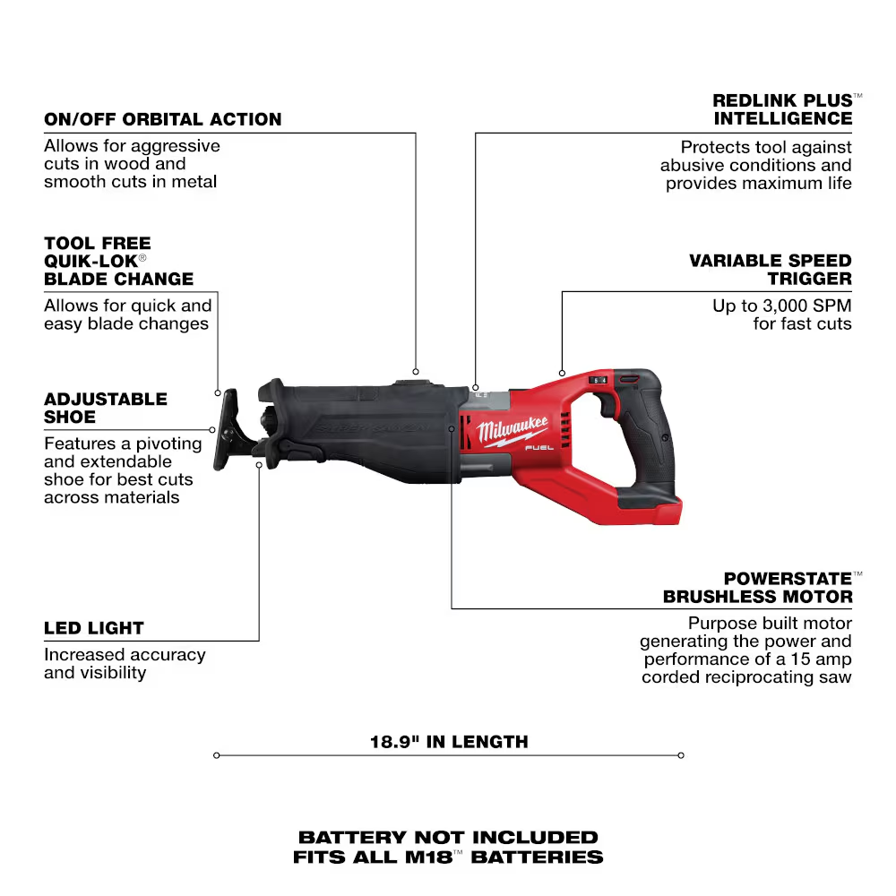 Milwaukee 2722-20 M18 FUEL 18V Lithium-Ion Brushless Cordless SUPER SAWZALL Orbital Reciprocating Saw (Tool Only)