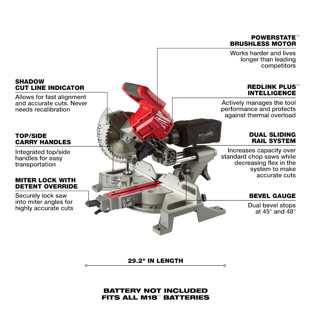 Milwaukee 2733-20 M18 FUEL 18V Li-Ion Brushless Cordless 7-1/4" Dual Bevel Sliding Compound Miter Saw (Tool-Only)