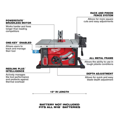 Milwaukee 2736-20 M18 FUEL 18V Lithium-Ion Brushless Cordless 8-1/4" Table Saw with ONE-KEY (Tool Only)