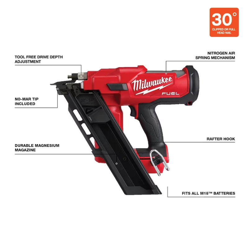 Milwaukee 2745-20 M18 FUEL 18V Lithium-Ion 3-1/2 -inch 30-Degree Brushless Cordless Framing Nailer (Tool Only)