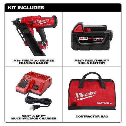 Milwaukee 2745-21 M18 FUEL 18V 3-1/2 Inch 30-Degree Cordless Framing Nailer Kit w/ M18 5.0 Ah XC Battery