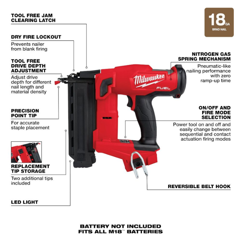 Milwaukee 2746-20 M18 FUEL 18V Lithium-Ion Brushless Cordless Gen II 18-Gauge Brad Nailer (Tool Only)