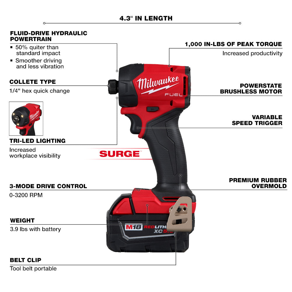 Milwaukee 3799-22 M18 FUEL 2-Tool Cordless Brushless SURGE 1/4in Hex Hydraulic Driver & 1/2in Hammer Drill/Driver Kit