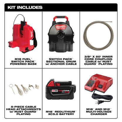 Milwaukee 2775B-211 M18 FUEL SWITCH PACK Sectional Drum Machine with 3/8in Cable Kit