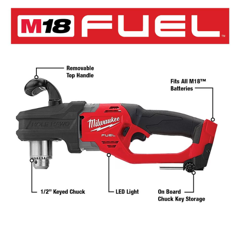 Milwaukee 2807-20 M18 FUEL GEN II 18V Li-Ion Brushless Cordless 1/2-inch Hole Hawg Right Angle Drill (Tool Only)