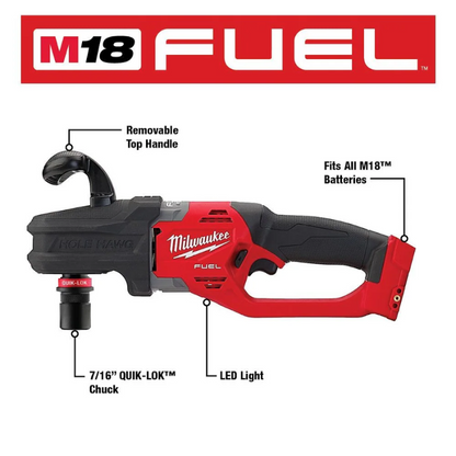 Milwaukee 2808-20 M18 FUEL 18V Li-Ion Brushless Cordless 7/16" Hole Hawg RA Drill Kit with Quick-Lok (Tool Only)