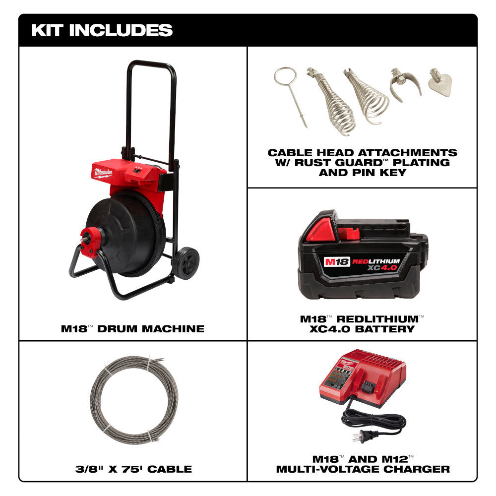 Milwaukee 2817A-21 M18 Cordless Drum Machine with 3/8in Cable Kit