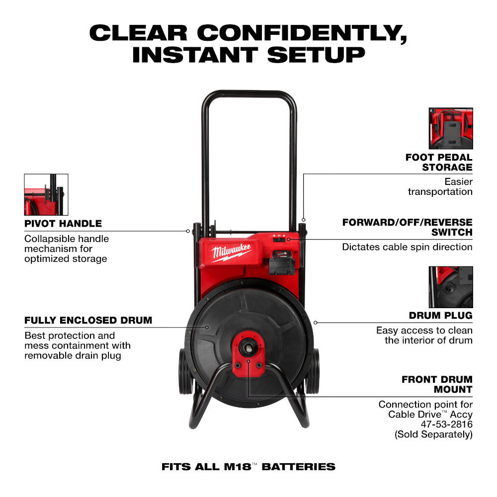 Milwaukee 2817A-21 M18 Cordless Drum Machine with 3/8in Cable Kit