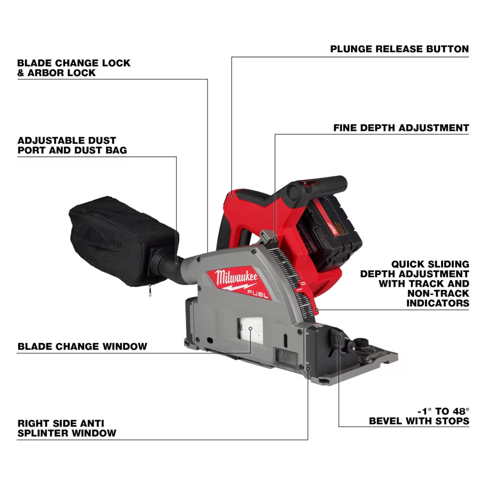 Milwaukee 2831-21 M18 FUEL 18-Volt Lithium-Ion Brushless Cordless 6-1/2" Plunge Track Saw Kit with (1) 6.0 Ah Battery