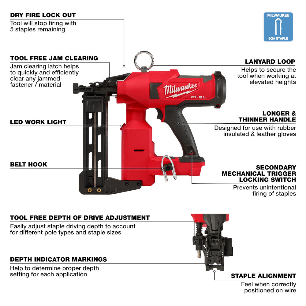 Milwaukee 2843-20 M18 FUEL Cordless Brushless 9 Gauge Utility Fencing Stapler (Tool Only)