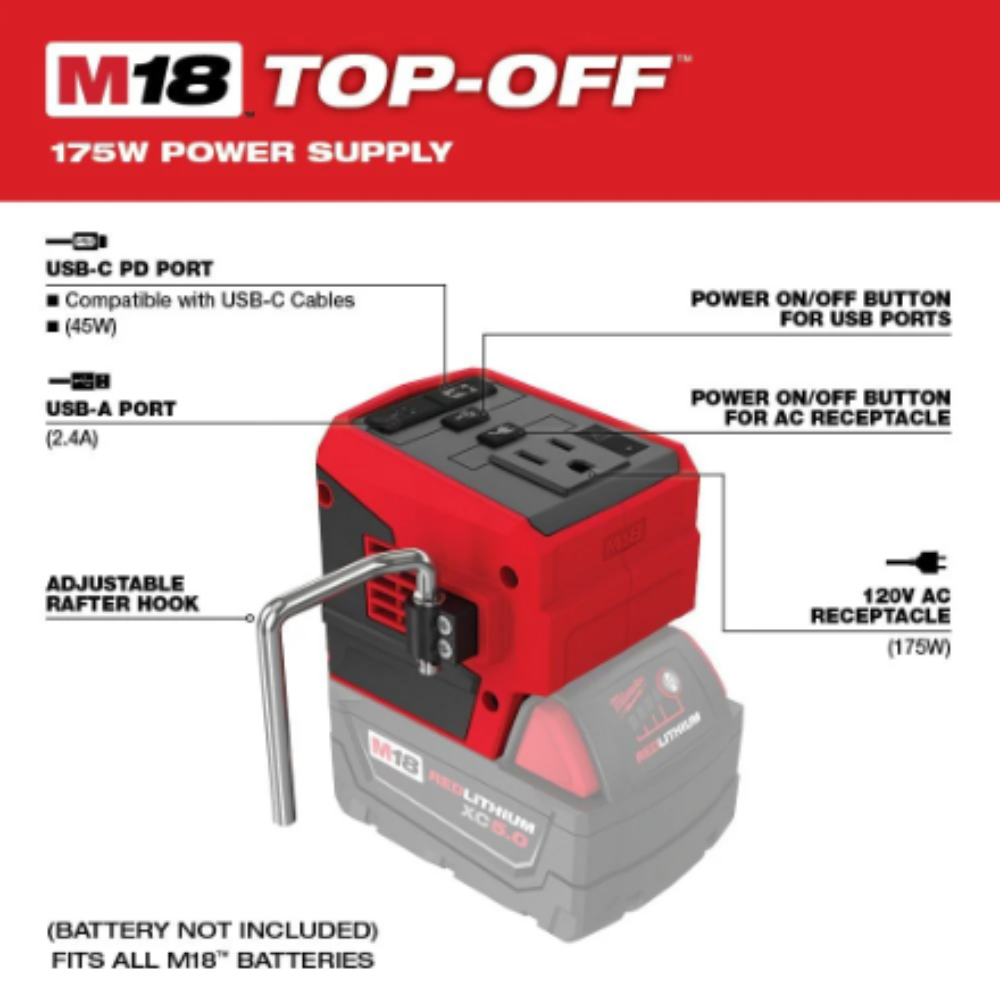 Milwaukee 2846-20 18-Volt M18 Lithium-Ion Brushless Cordless 175-Watt Powered Compact Inverter with (Tool-Only)