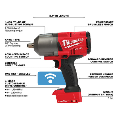 Milwaukee 2863-20 M18 FUEL Cordless Brushless High Torque 1/2in Impact Wrench with Friction Ring (Tool Only)