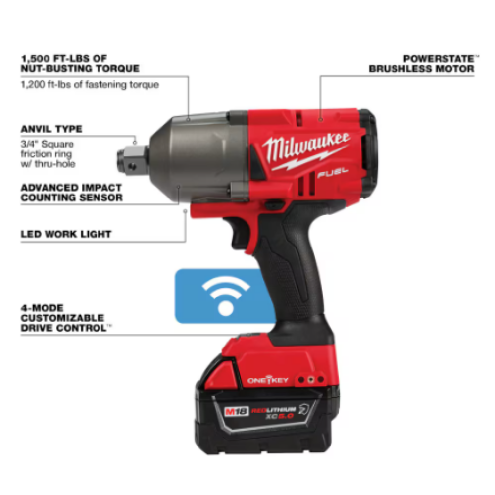 Milwaukee 2864-22R M18 FUEL ONE-KEY 18-Volt Li-Ion 3/4 inch High-Torque Impact Wrench with Friction Ring with Resistant Batteries