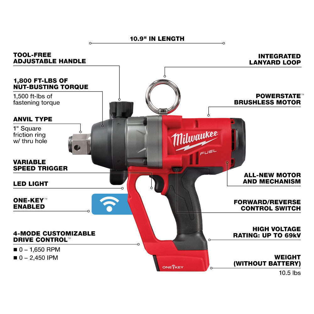 Milwaukee 2867-20 M18 FUEL Cordless 1in High-Torque Impact Wrench with Friction Ring and ONE-KEY (Tool Only)