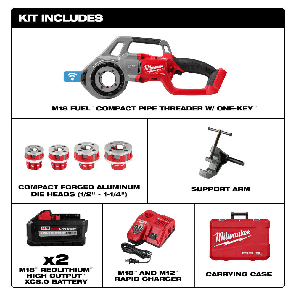 Milwaukee 2870-22 M18 FUEL Cordless Brushless Compact Pipe Threader with 1/2in - 1-1/4in Die Heads Kit