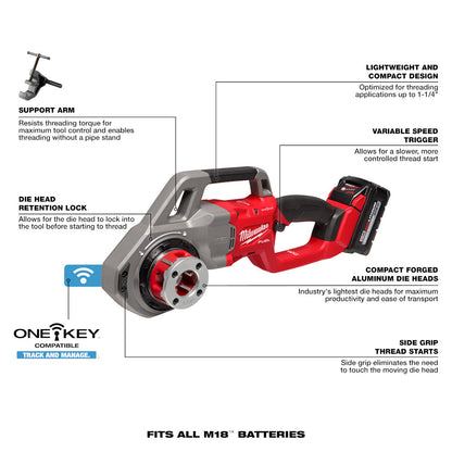 Milwaukee 2870-22 M18 FUEL Cordless Brushless Compact Pipe Threader with 1/2in - 1-1/4in Die Heads Kit