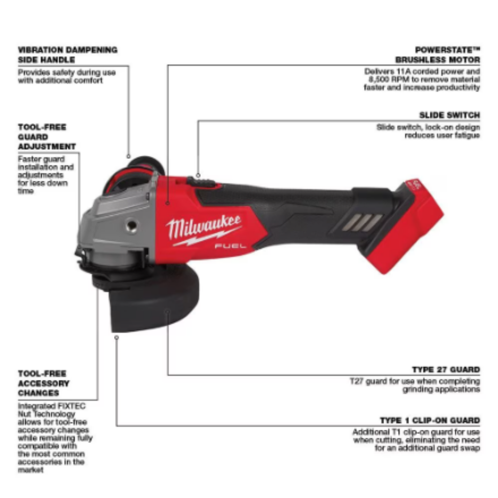 Milwaukee 2881-20 M18 FUEL 18-Volt Lithium-Ion Brushless Cordless 4-1/2 -inch/5 -inch Grinder with Slide Switch (Tool-Only)