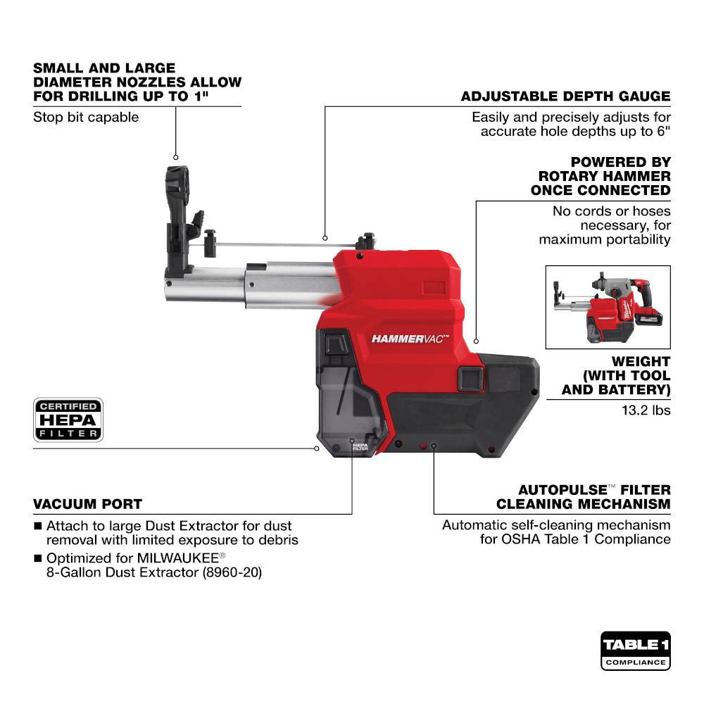 Milwaukee 2912-DE M18 FUEL Cordless Brushless HAMMERVAC 1in Dedicated Dust Extractor (Tool Only)