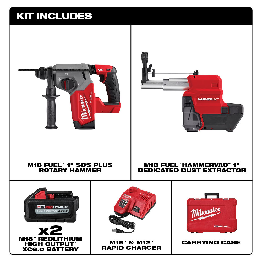 Milwaukee 2912-22DE M18 FUEL 18V Li-Ion 1" Cordless SDS-Plus Rotary Hammer with Dust Extractor Kit, Two 6.0 Ah Batteries