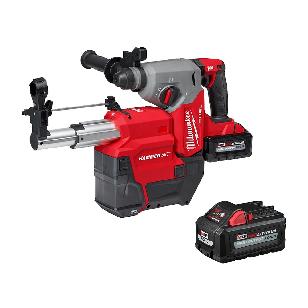 Milwaukee 2912-22DE M18 FUEL 18V Li-Ion 1" Cordless SDS-Plus Rotary Hammer with Dust Extractor Kit, Two 6.0 Ah Batteries