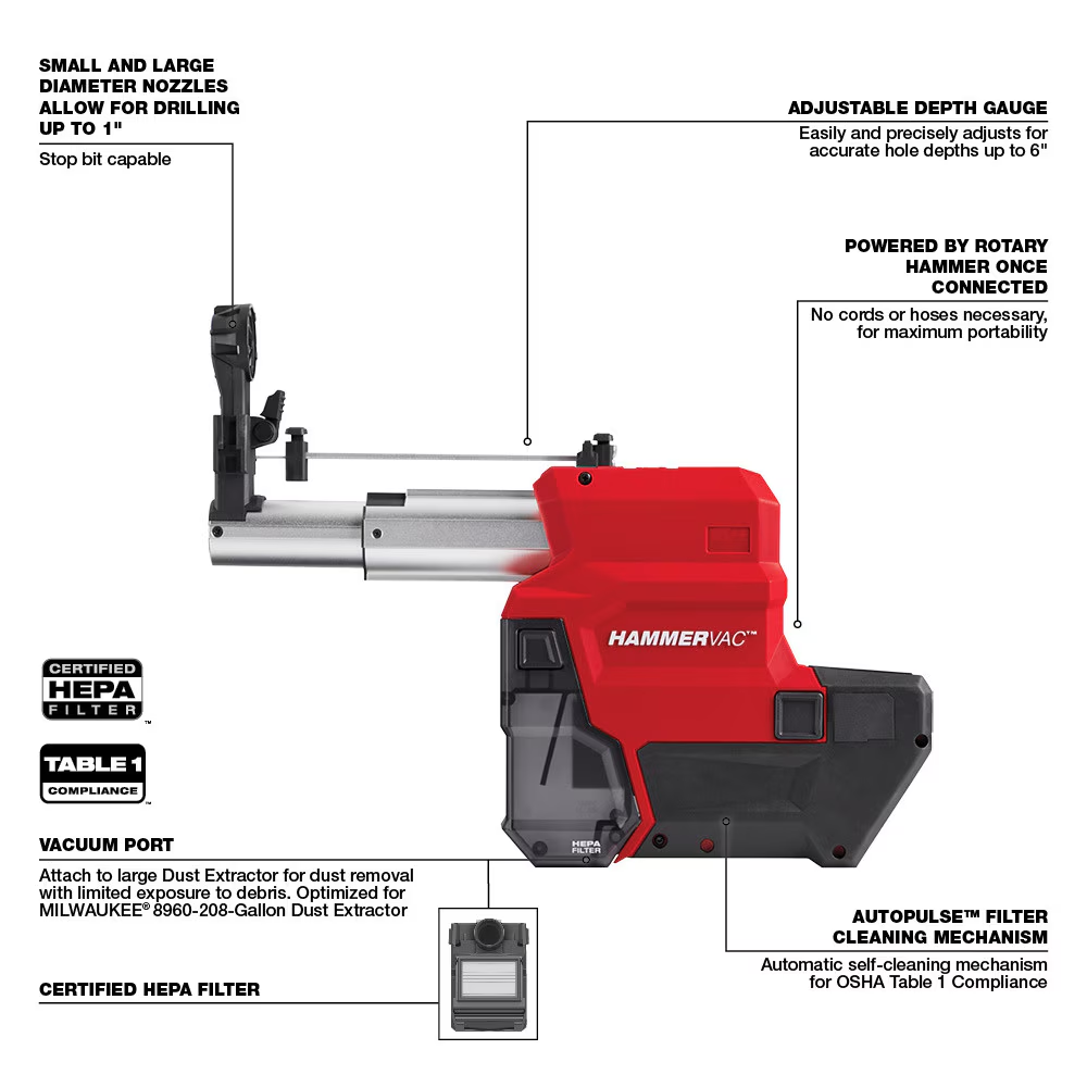 Milwaukee 2912-22DE M18 FUEL 18V Li-Ion 1" Cordless SDS-Plus Rotary Hammer with Dust Extractor Kit, Two 6.0 Ah Batteries