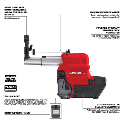Milwaukee 2912-22DE M18 FUEL 18V Li-Ion 1" Cordless SDS-Plus Rotary Hammer with Dust Extractor Kit, Two 6.0 Ah Batteries