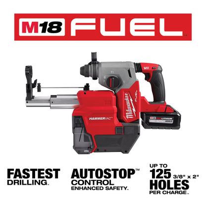Milwaukee 2912-22DE M18 FUEL 18V Li-Ion 1" Cordless SDS-Plus Rotary Hammer with Dust Extractor Kit, Two 6.0 Ah Batteries