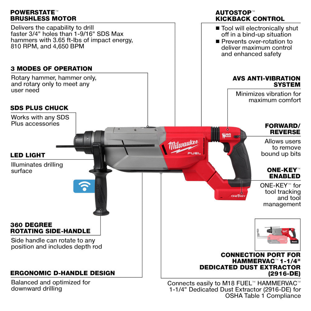 Milwaukee 2916-20 M18 FUEL Cordless Brushless 1-1/4in SDS Plus D-Handle Rotary Hammer with ONE-KEY (Tool Only)
