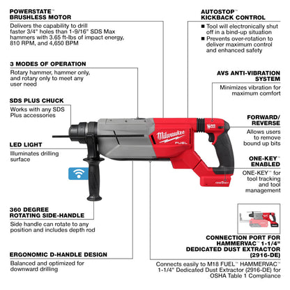 Milwaukee 2916-20 M18 FUEL Cordless Brushless 1-1/4in SDS Plus D-Handle Rotary Hammer with ONE-KEY (Tool Only)