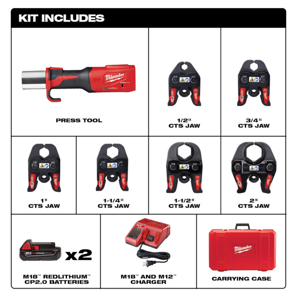 Milwaukee 2922-22 M18 FORCE LOGIC Cordless Press Tool with 1/2in - 2in CTS Jaws Kit