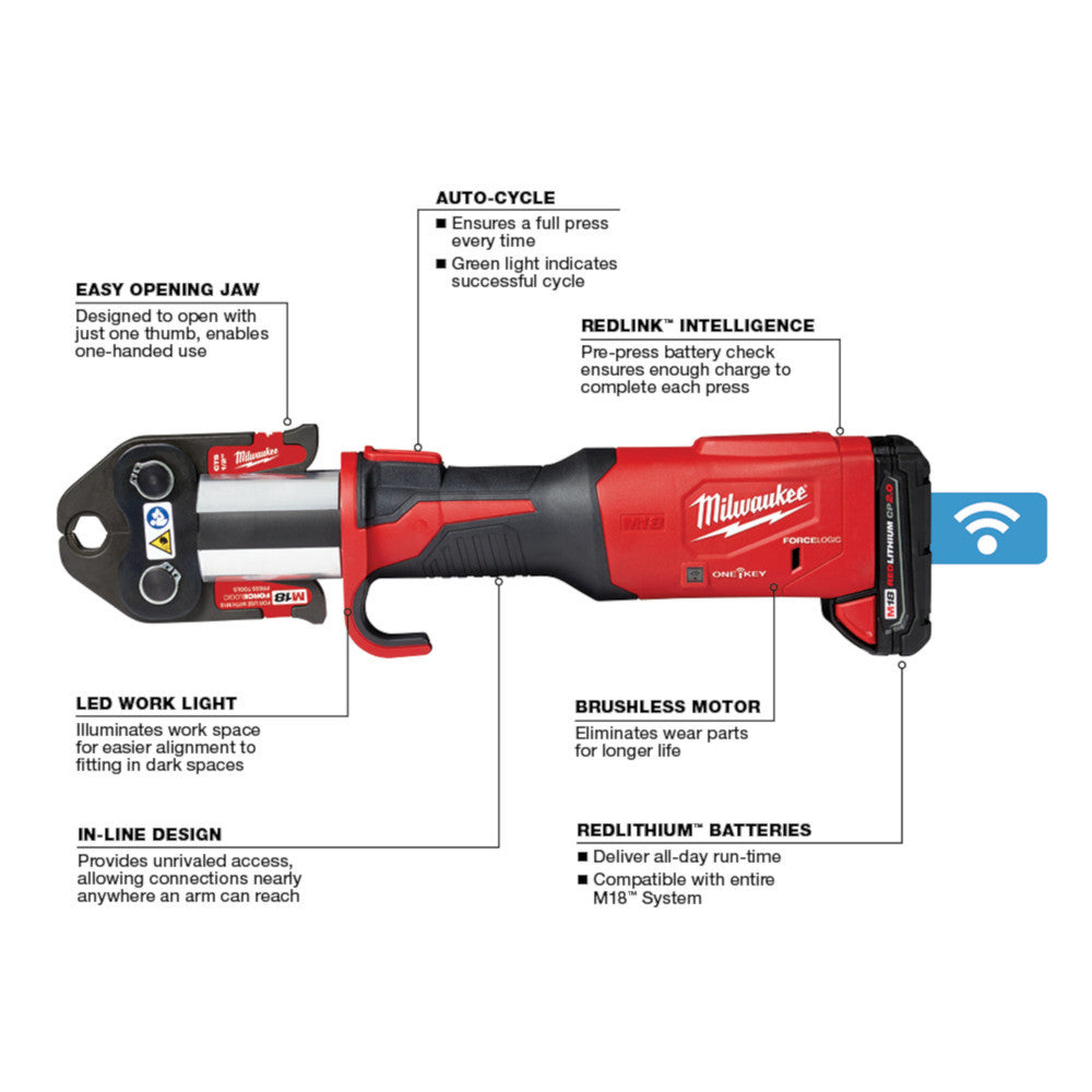 Milwaukee 2922-22 M18 FORCE LOGIC Cordless Press Tool with 1/2in - 2in CTS Jaws Kit