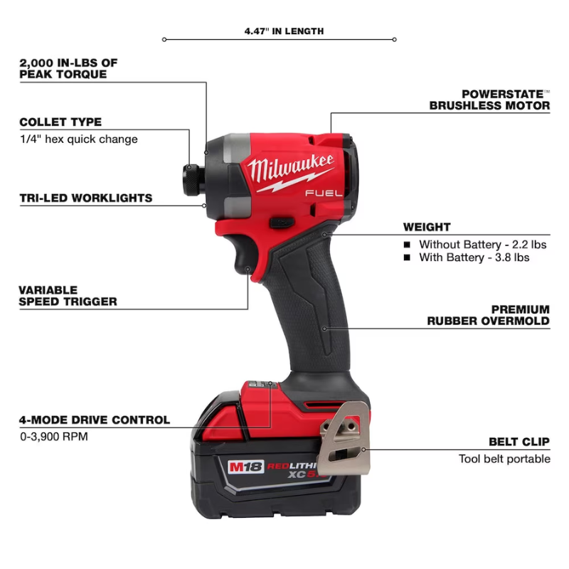 Milwaukee 2953-22 Tool M18 FUEL 18V Li-Ion Brushless Next Generation 1/4" Hex Impact Driver Kit with (2) 5.0Ah Batteries