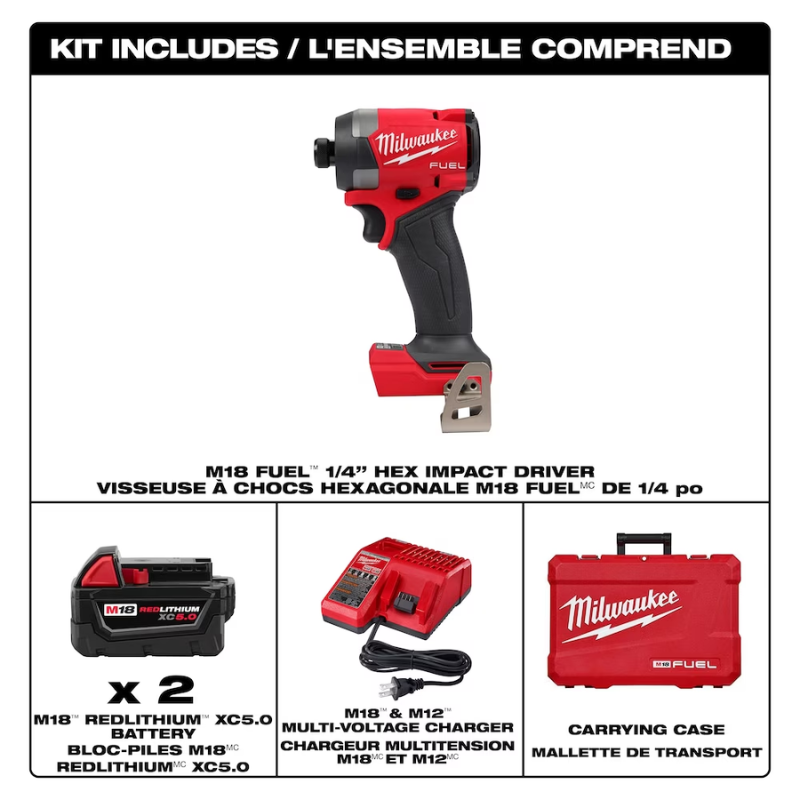 Milwaukee 2953-22 Tool M18 FUEL 18V Li-Ion Brushless Next Generation 1/4" Hex Impact Driver Kit with (2) 5.0Ah Batteries