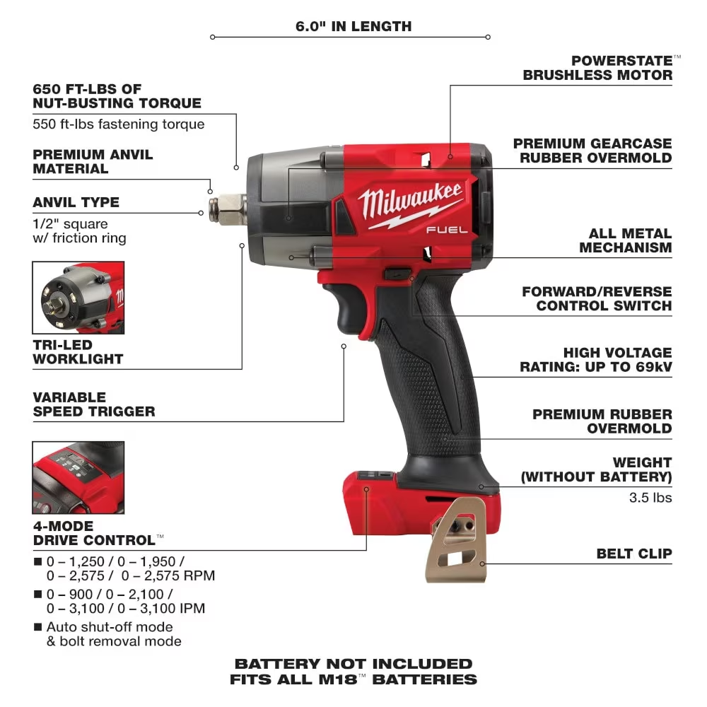 Milwaukee 2962-20 M18 FUEL 18V Brushless Cordless Mid Torque 1/2" Impact Wrench with Friction Ring (Tool Only)