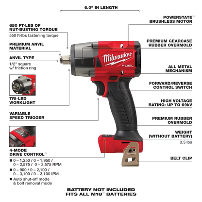 Milwaukee 2962-20 M18 FUEL 18V Brushless Cordless Mid Torque 1/2" Impact Wrench with Friction Ring (Tool Only)