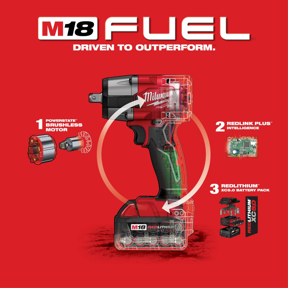Milwaukee 2962-20 M18 FUEL 18V Brushless Cordless Mid Torque 1/2" Impact Wrench with Friction Ring (Tool Only)