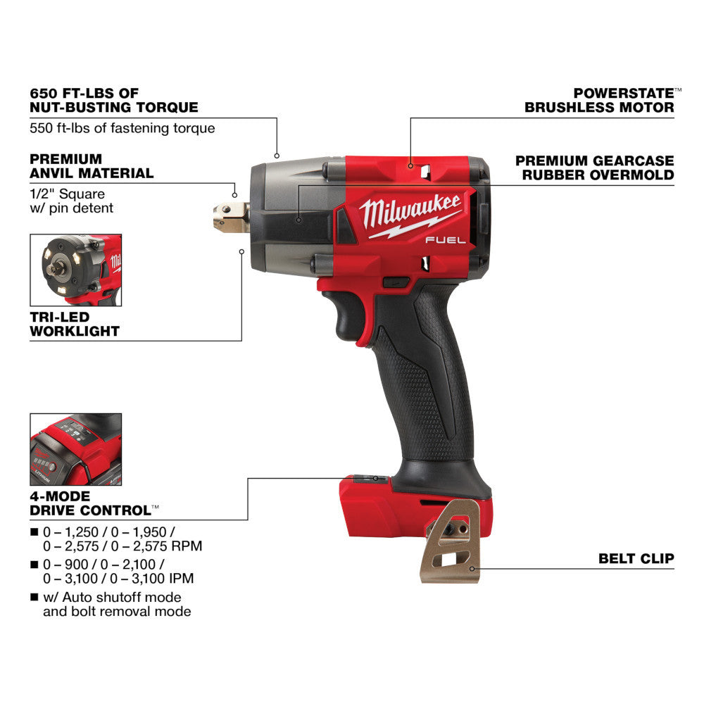 Milwaukee 2962P-20 M18 FUEL Cordless 1/2in Mid-Torque Impact Wrench with Pin Detent (Tool Only)