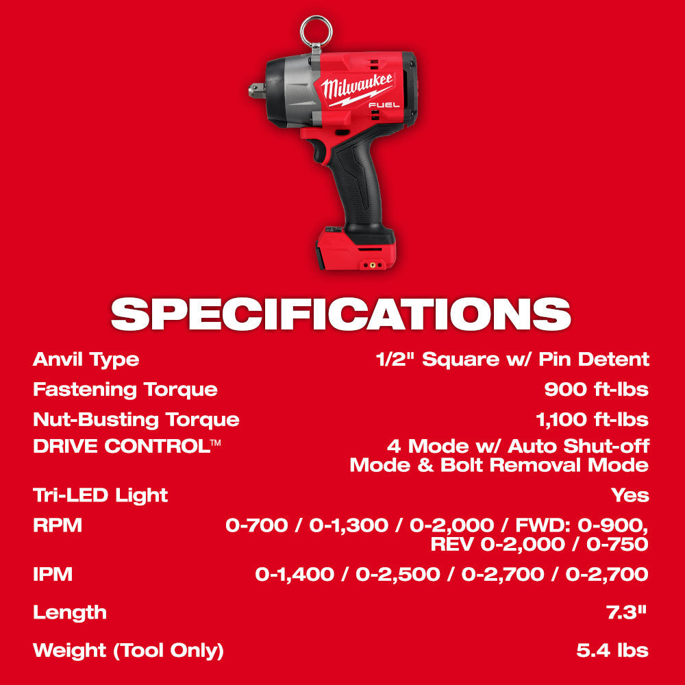 Milwaukee 2966-20 M18 FUEL Cordless Brushless 1/2in High-Torque Impact Wrench with Pin Detent (Tool Only)