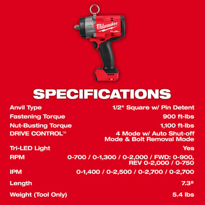 Milwaukee 2966-20 M18 FUEL Cordless Brushless 1/2in High-Torque Impact Wrench with Pin Detent (Tool Only)