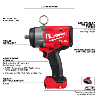 Milwaukee 2966-20 M18 FUEL Cordless Brushless 1/2in High-Torque Impact Wrench with Pin Detent (Tool Only)