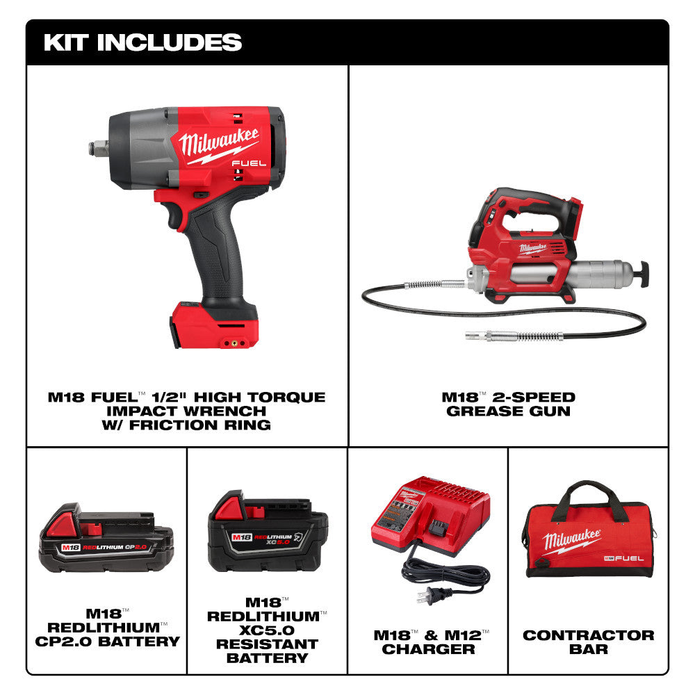 Milwaukee 2967-22GG M18 Cordless 2-Tool 1/2in High Torque Impact Wrench Friction Ring & Grease Gun Combo Kit