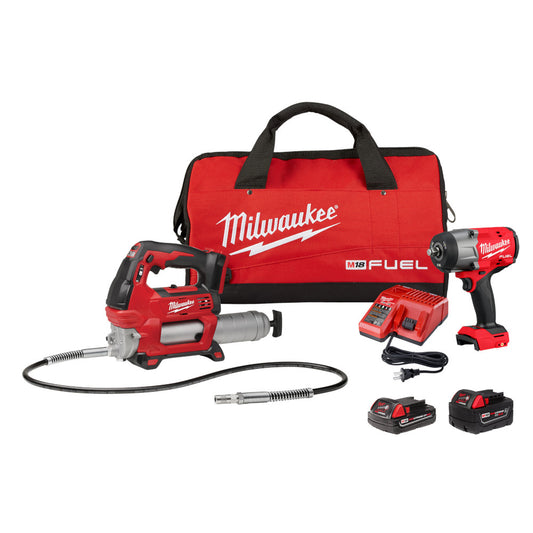 Milwaukee 2967-22GG M18 Cordless 2-Tool 1/2in High Torque Impact Wrench Friction Ring & Grease Gun Combo Kit