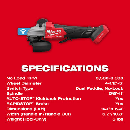 Milwaukee 2986-20 M18 FUEL Cordless Brushless 4-1/2in / 5in Dual-Trigger Braking Angle Grinder with Paddle Switch (Tool Only)