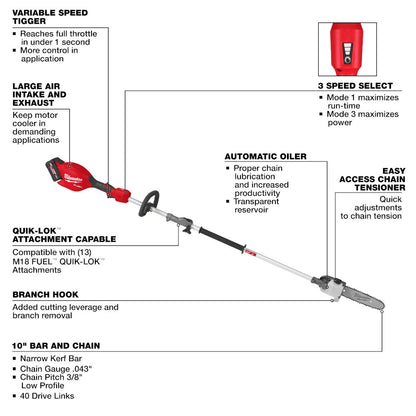 Milwaukee 3016-21PS M18 FUEL Cordless Brushless 10in Pole Saw with QUIK-LOK Kit