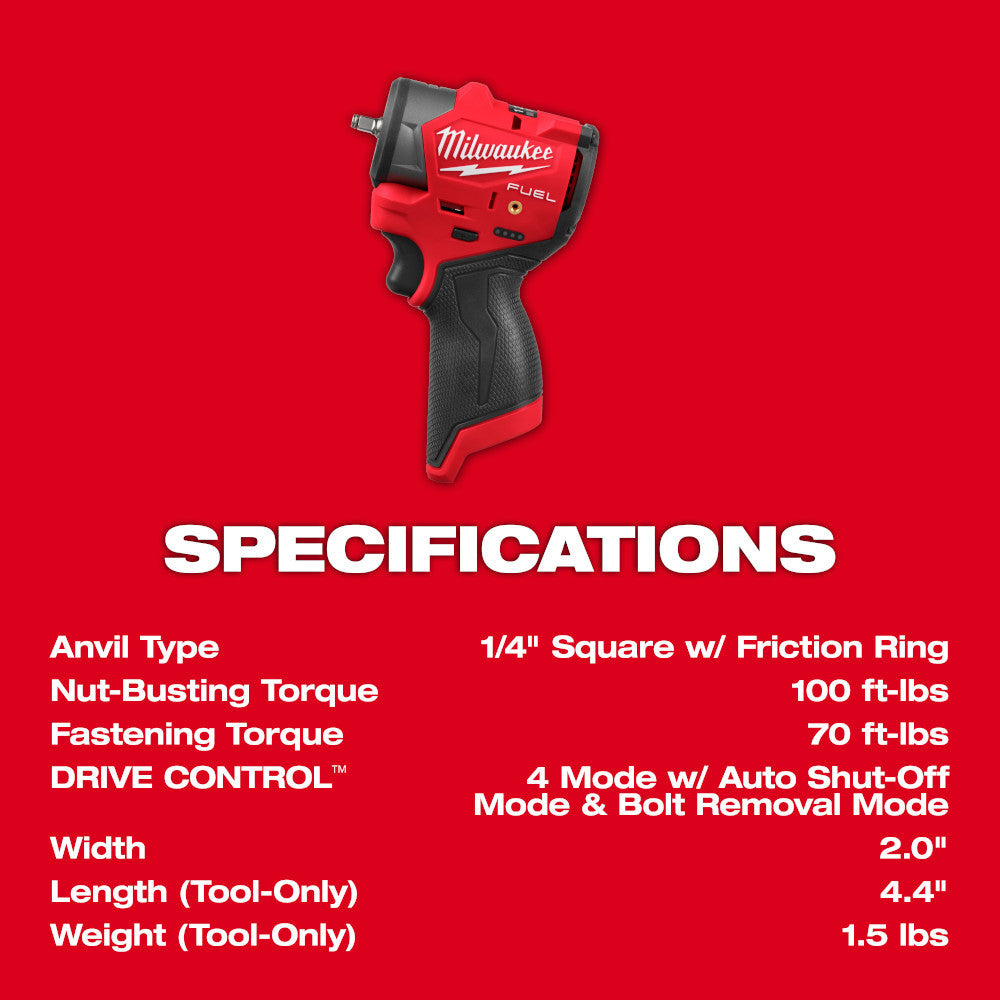 Milwaukee 3048-20 M12 FUEL Cordless Brushless 1/4in Subcompact Impact Driver with Friction Ring (Tool Only)