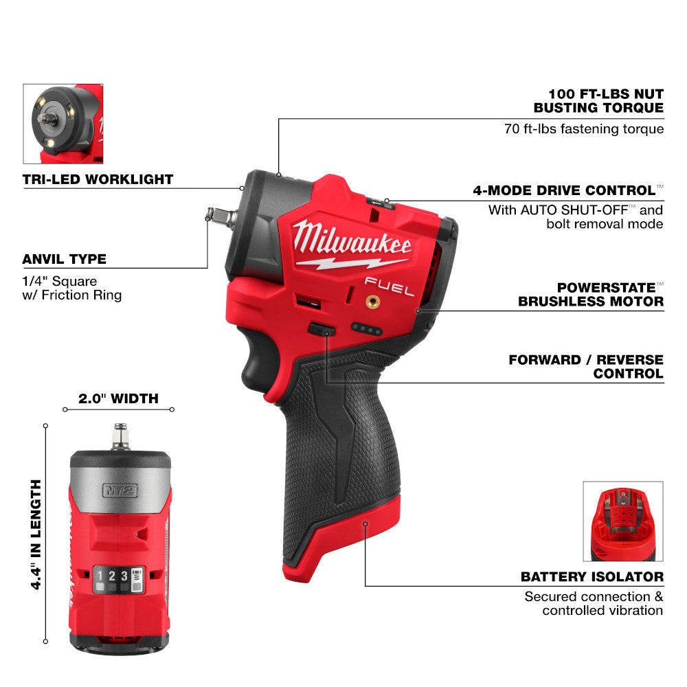 Milwaukee 3048-20 M12 FUEL Cordless Brushless 1/4in Subcompact Impact Driver with Friction Ring (Tool Only)